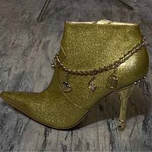 Baby Phat Gold Glitter Chain-Ankle Booties with Charm Accents